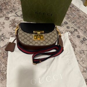 Gucci Beige GG Supreme Canvas Crossbody with Black Flap & Brown Trim